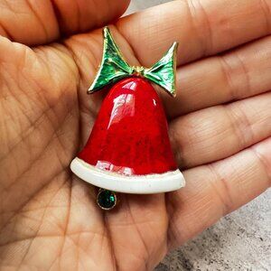 Red Enamel Christmas Bell Pin – Festive Holiday Brooch 2”